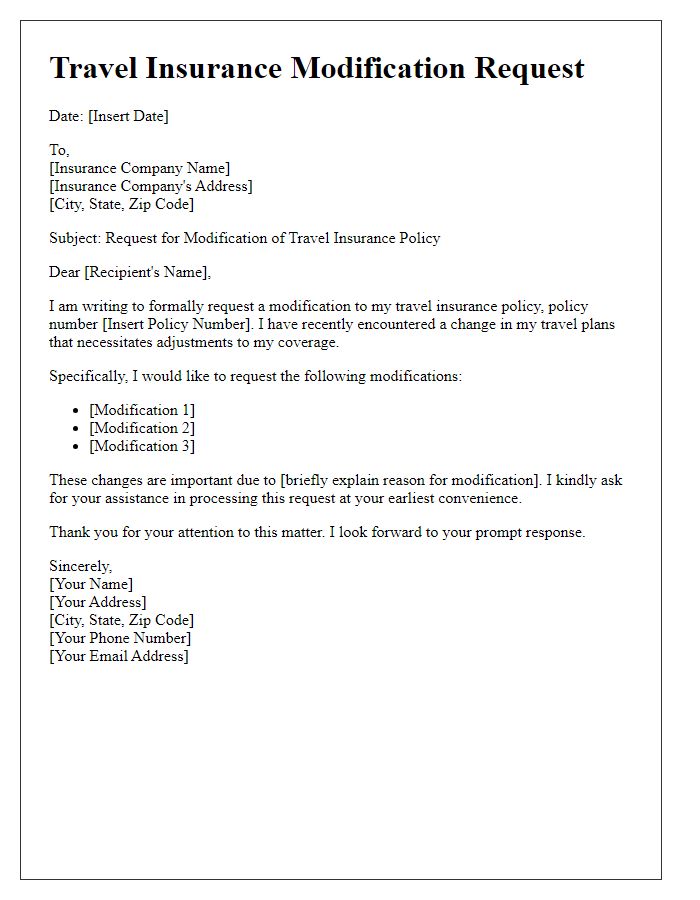 Letter template of submission for travel insurance modification request