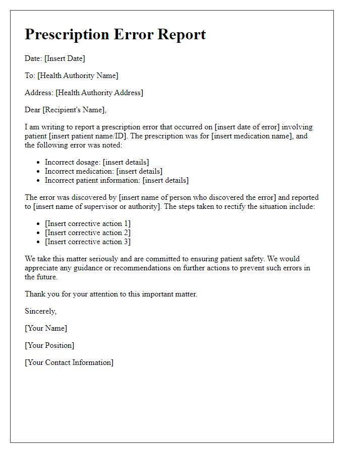 Letter template of prescription error report to health authorities