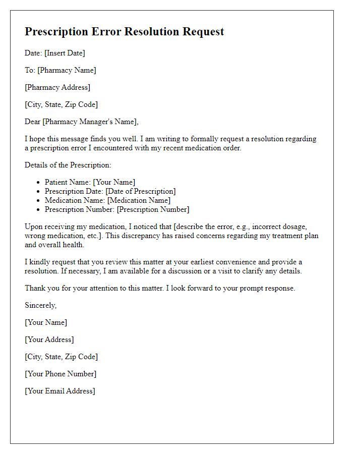 Letter template of prescription error resolution request