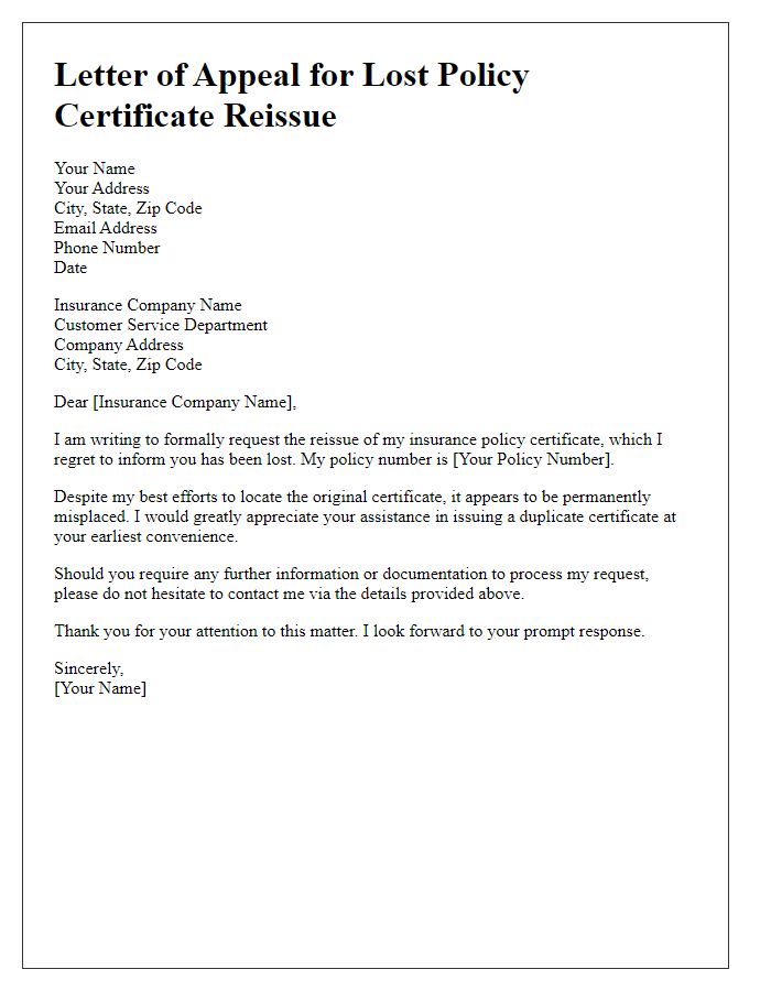 Letter template of appeal for lost policy certificate reissue