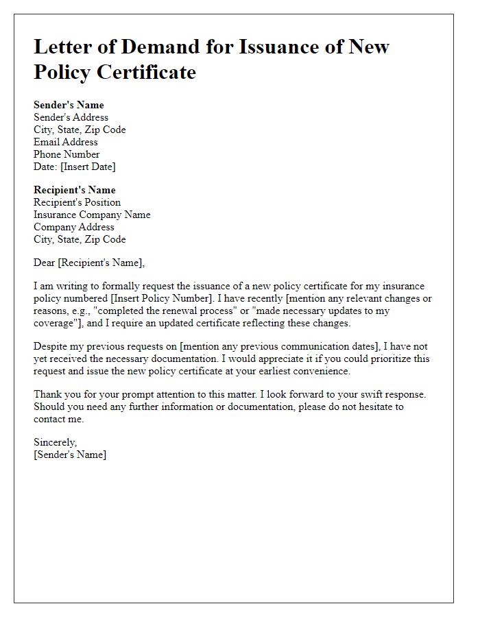 Letter template of demand for issuance of new policy certificate