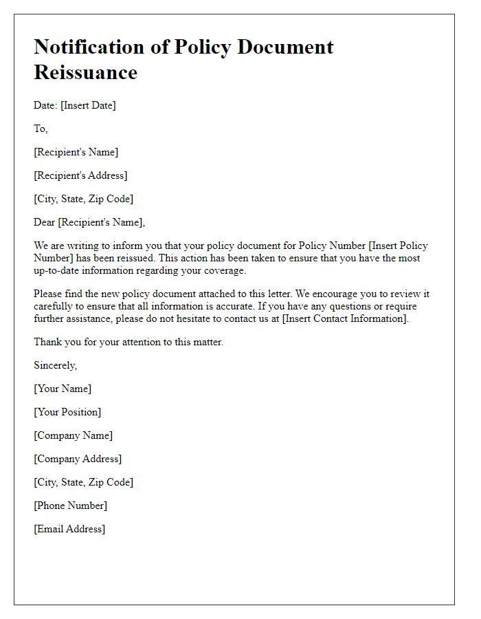 Letter template of notification for policy document reissuance