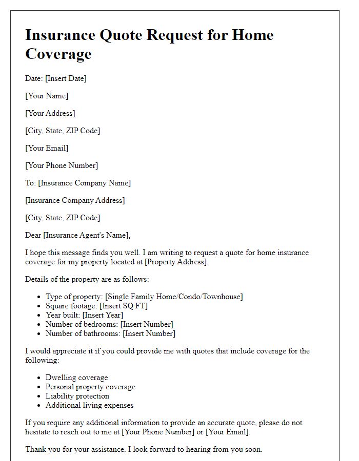 Letter template of insurance quote request for home coverage