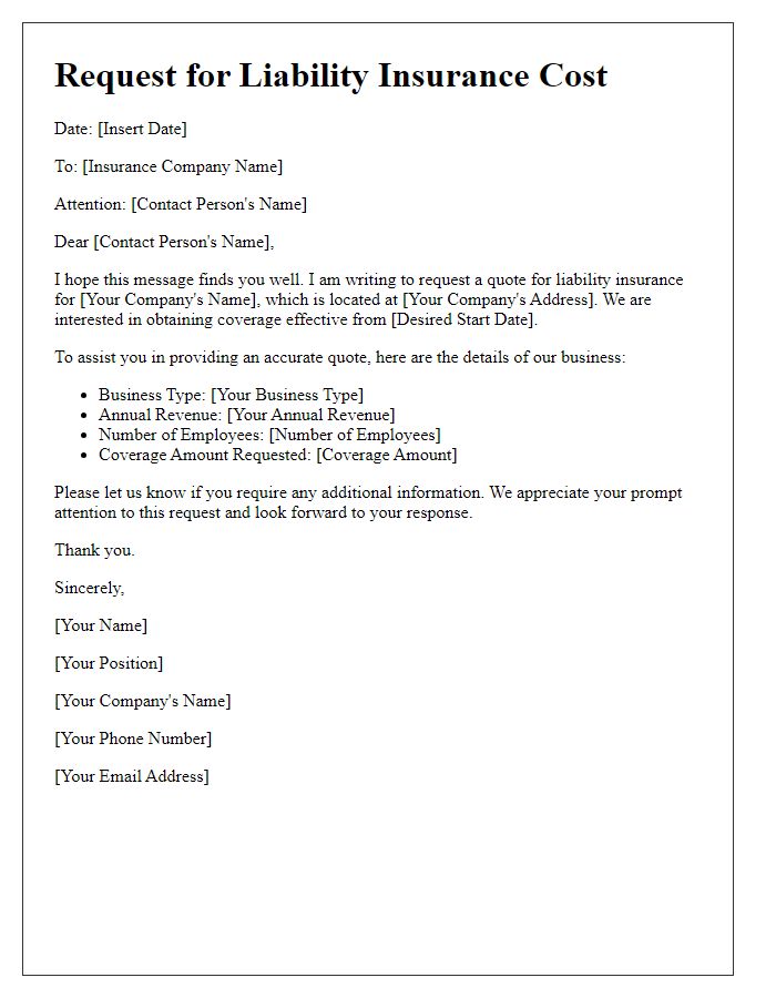 Letter template of liability insurance cost request