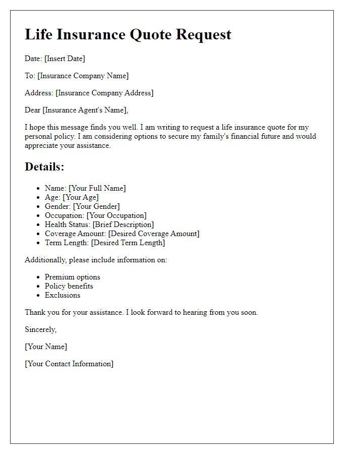 Letter template of life insurance quote request