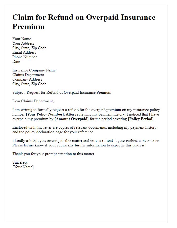 Letter template of claim for refund on overpaid insurance premium