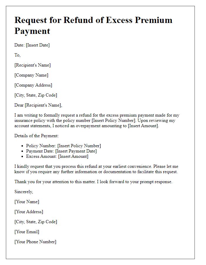 Letter template of request for refund on excess premium payment
