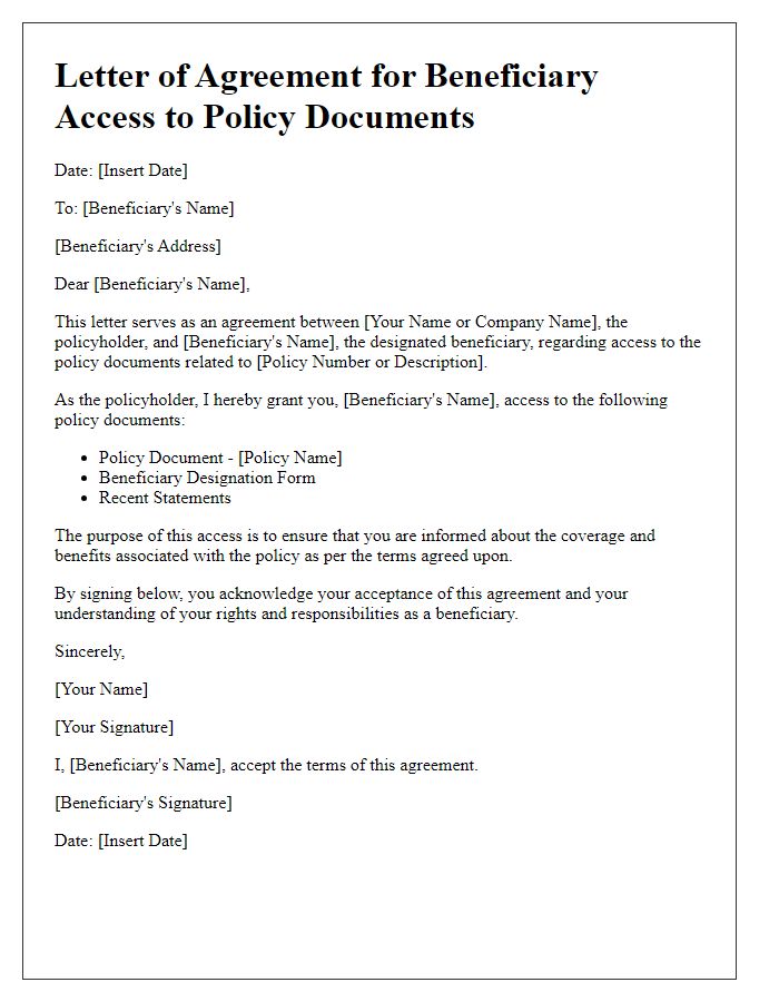 Letter template of agreement for beneficiary access to policy documents