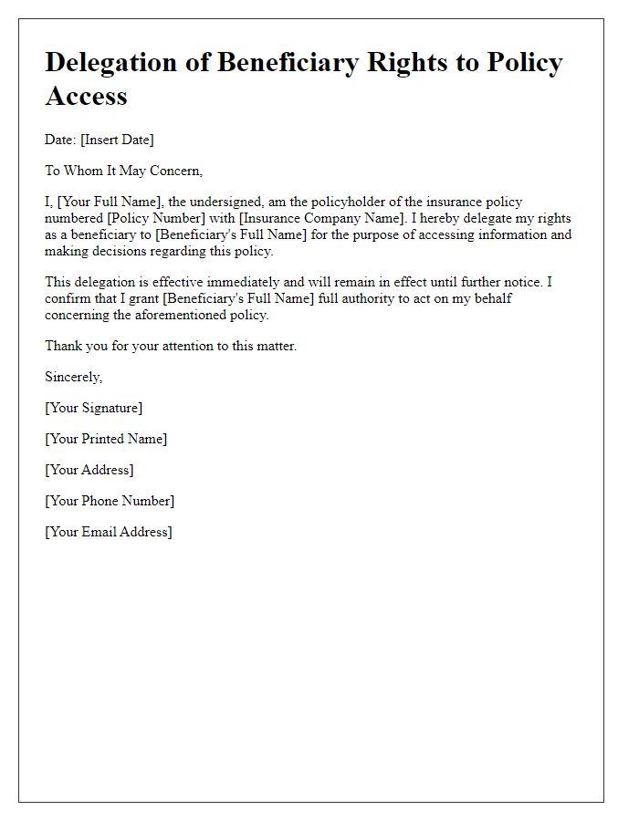 Letter template of delegation for beneficiary rights to policy access