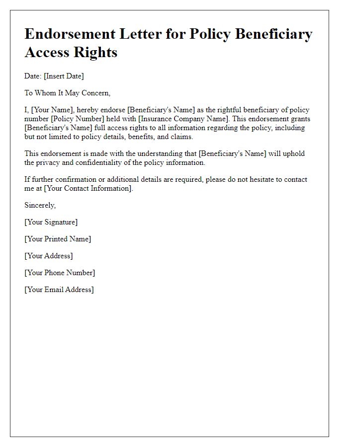 Letter template of endorsement for policy beneficiary access rights