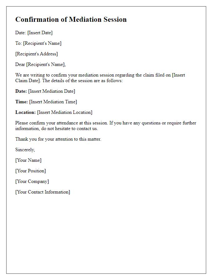 Letter template of confirmation for mediation session on claim