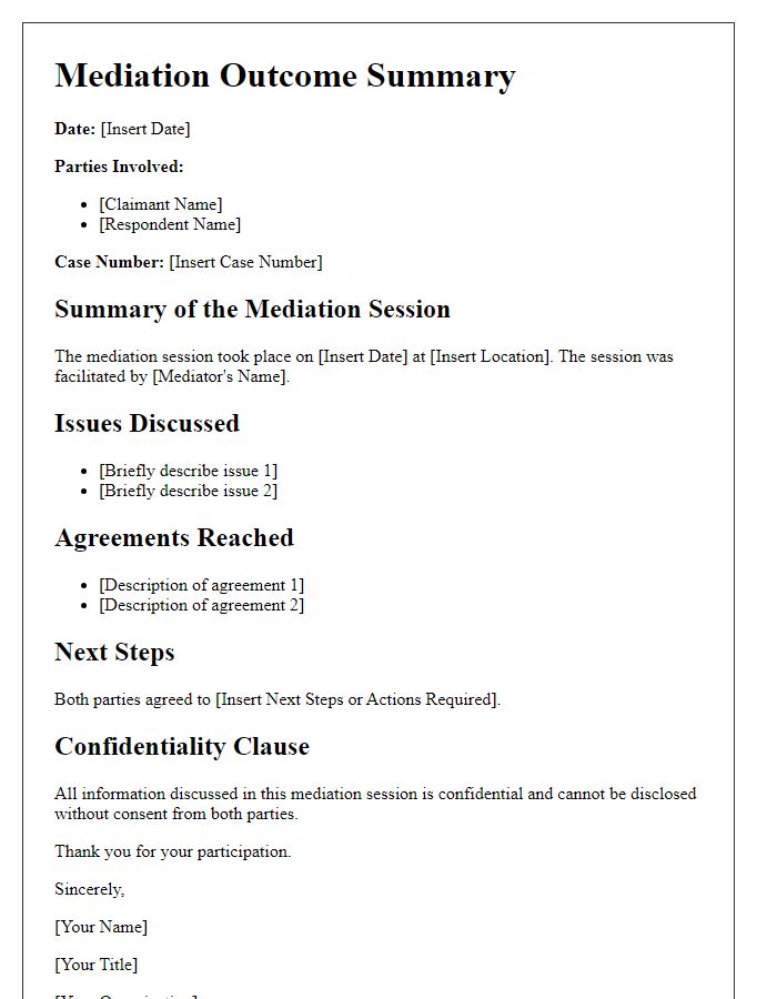 Letter template of mediation outcome summary for claim dispute