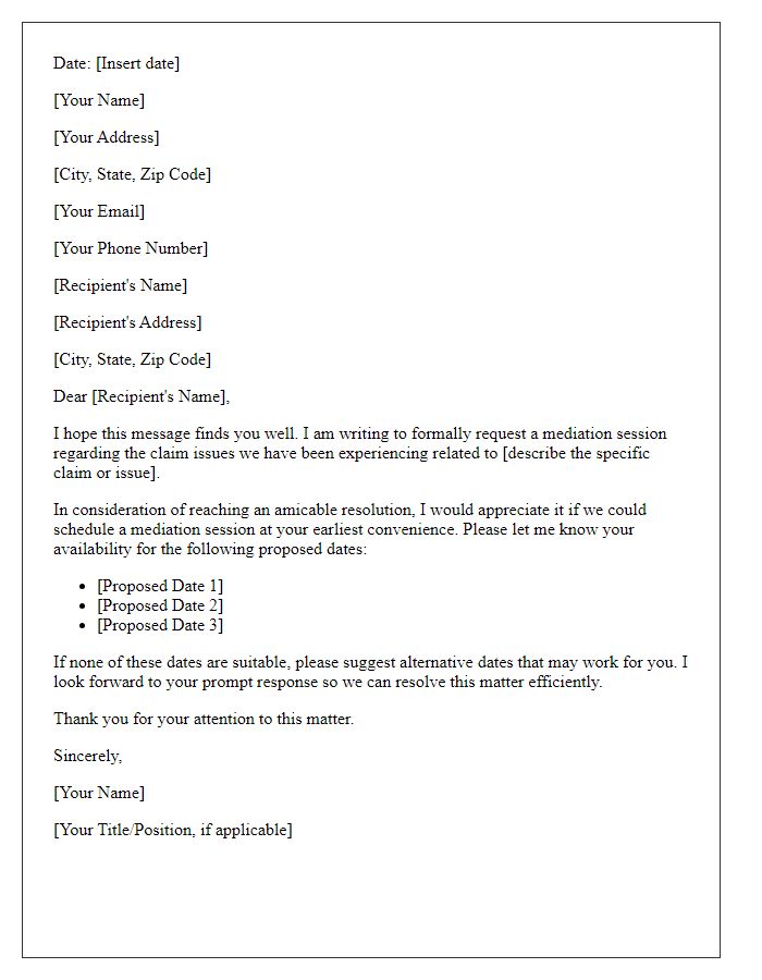 Letter template of mediation scheduling request for claim issues