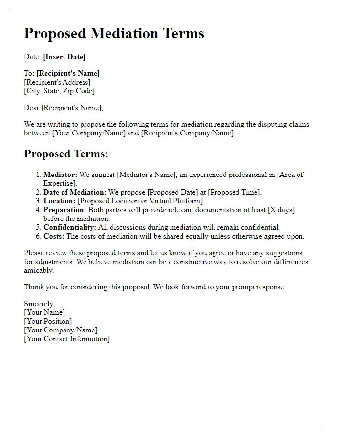 Letter template of proposed mediation terms for disputing claims