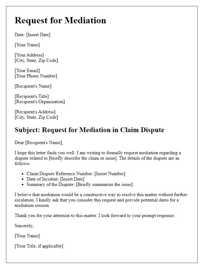 Letter template of request for mediation in claim dispute