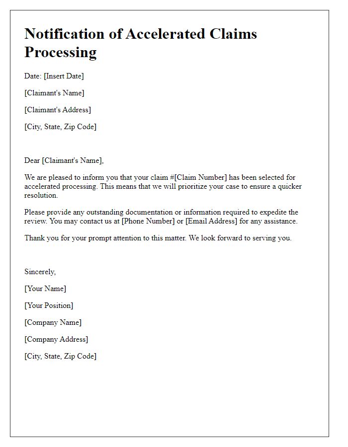 Letter template of notification for accelerated claims processing