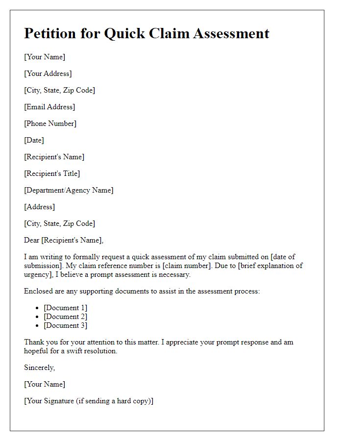 Letter template of petition for quick claim assessment