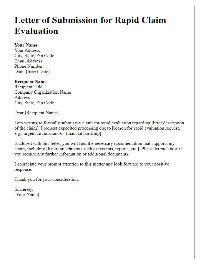 Letter template of submission for rapid claim evaluation