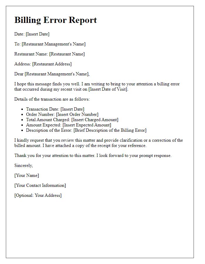 Letter template of billing error report to restaurant management