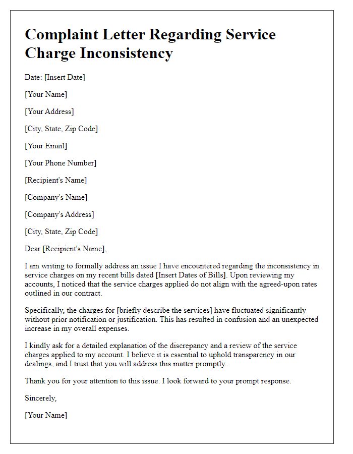 Letter template of complaint regarding service charge inconsistency