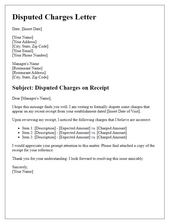 Letter template of disputed charges on restaurant receipt