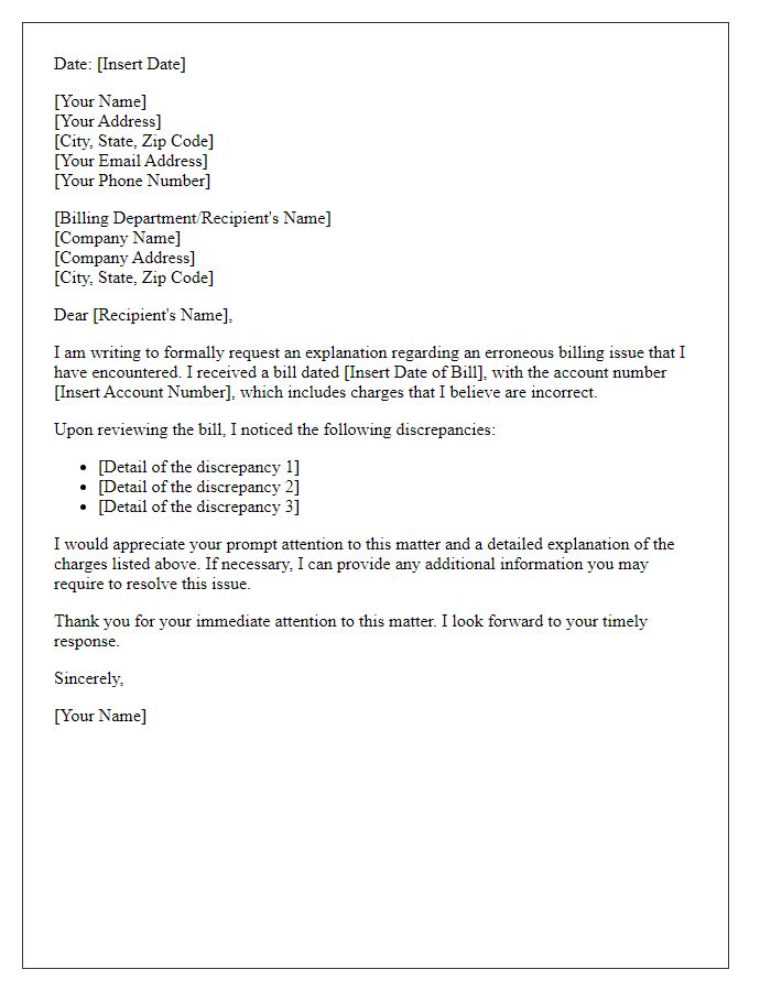 Letter template of erroneous billing explanation request