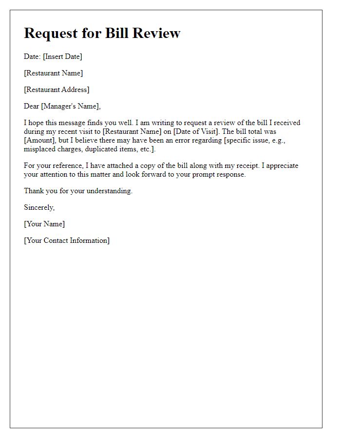 Letter template of request for bill review after dining