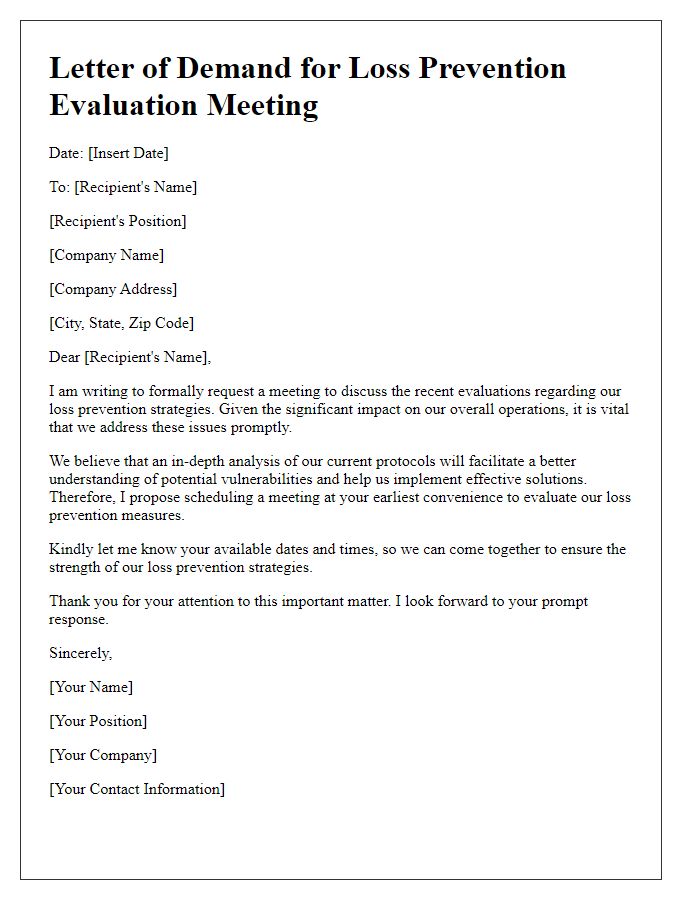 Letter template of demand for loss prevention evaluation meeting