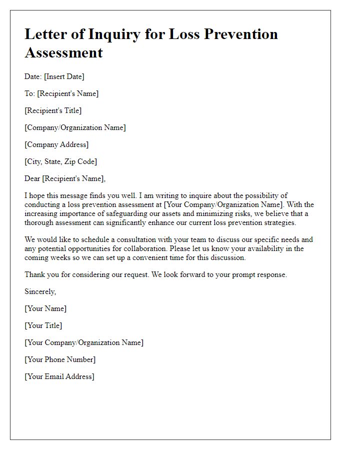 Letter template of inquiry for loss prevention assessment