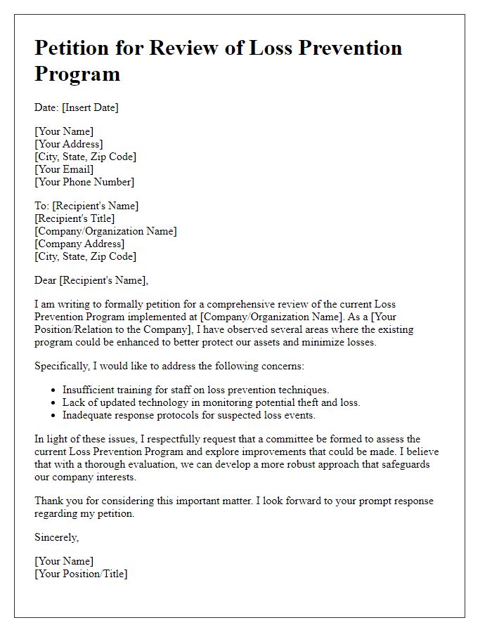 Letter template of petition for loss prevention program review