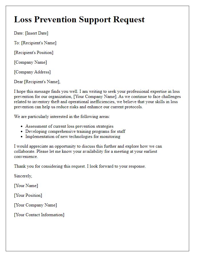 Letter template of search for professional loss prevention support