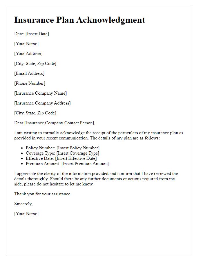 Letter template of acknowledgment of insurance plan particulars