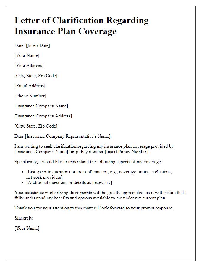 Letter template of clarification regarding insurance plan coverage