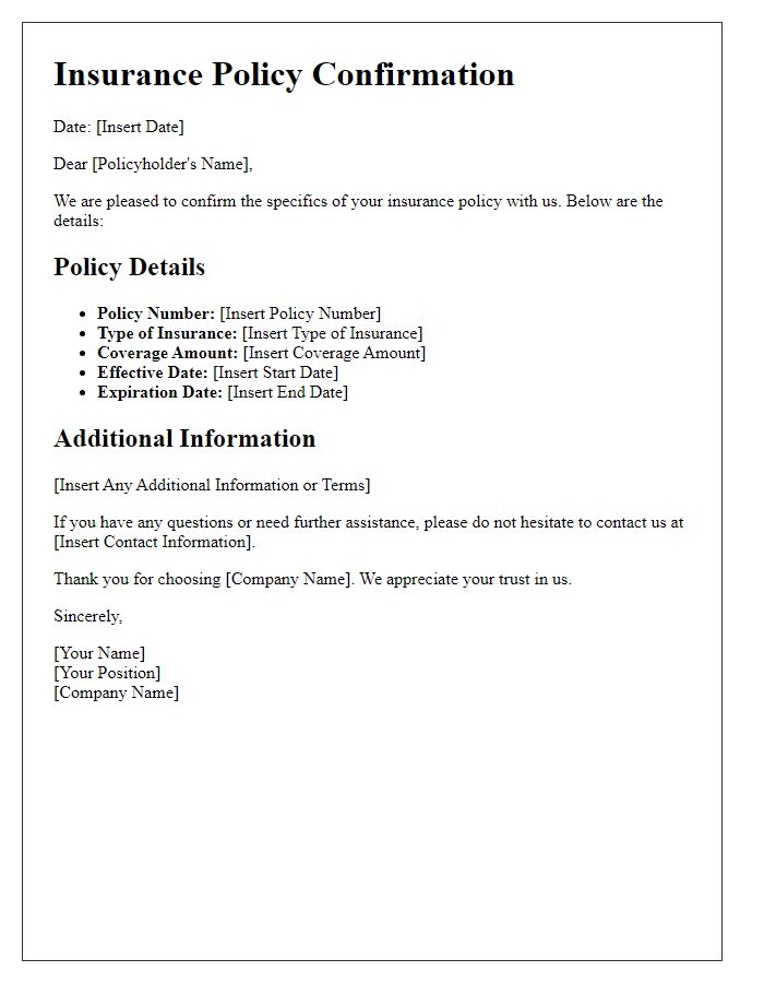 Letter template of confirmation for insurance policy specifics