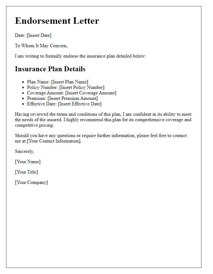 Letter template of endorsement for insurance plan specifics