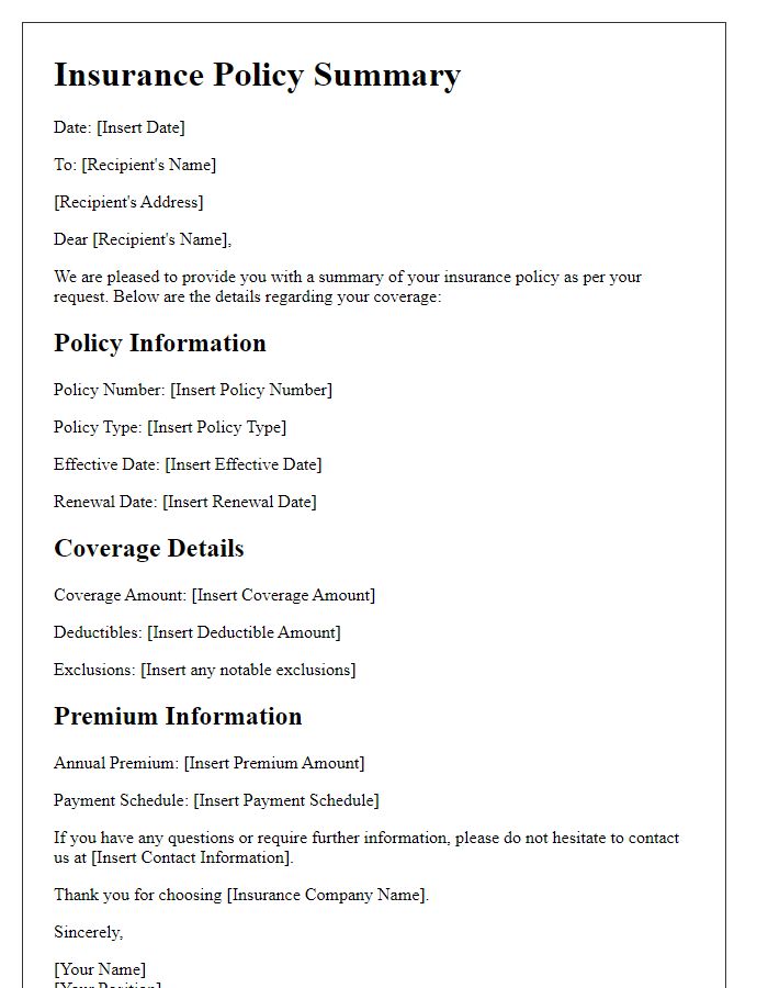 Letter template of summary for insurance policy information