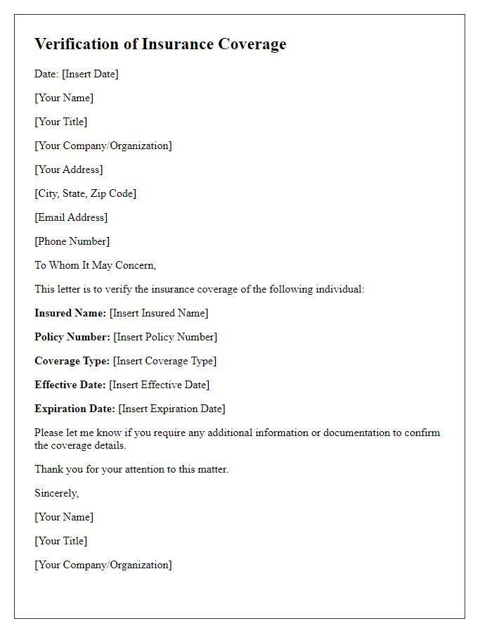 Letter template of verification of insurance coverage information