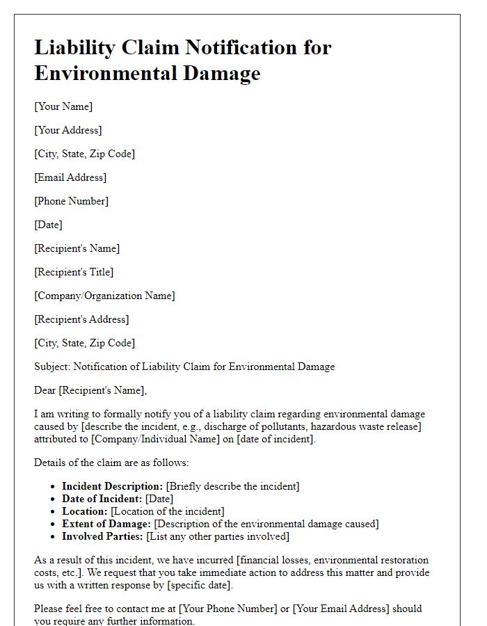 Letter template of liability claim notification for environmental damage.