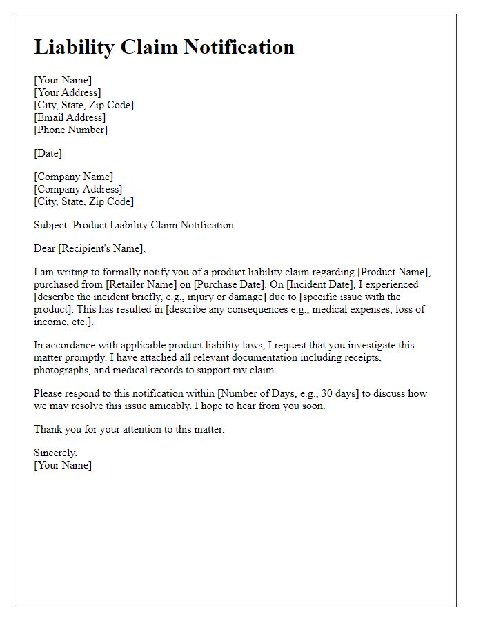 Letter template of liability claim notification for product liability.