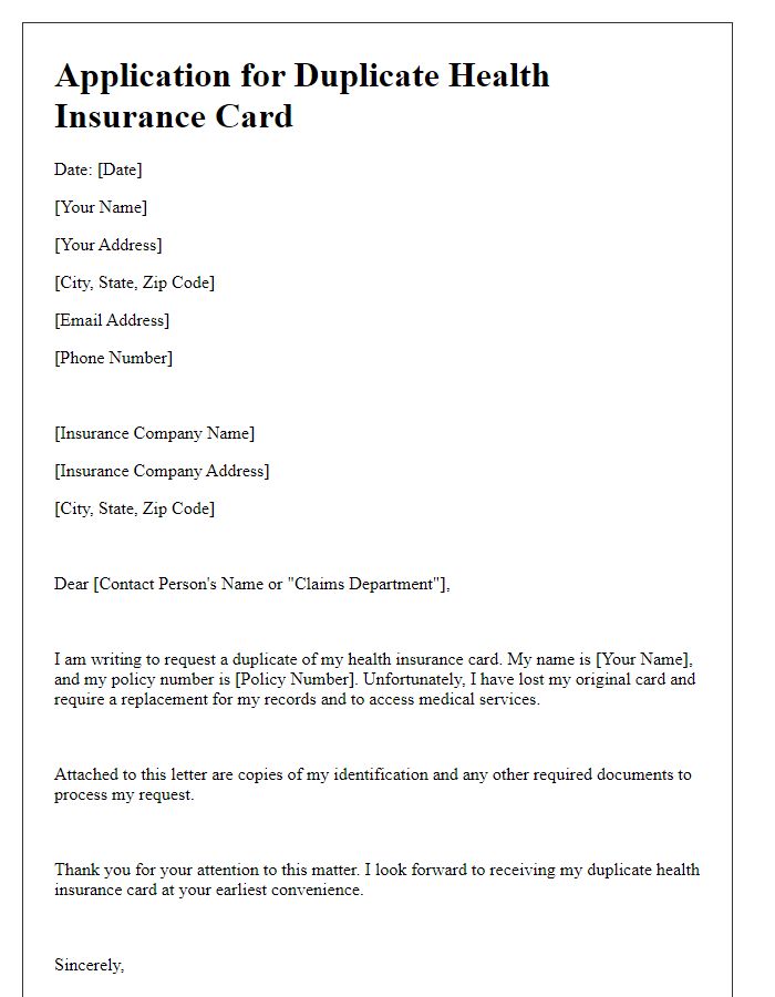 Letter template of application for a duplicate health insurance card