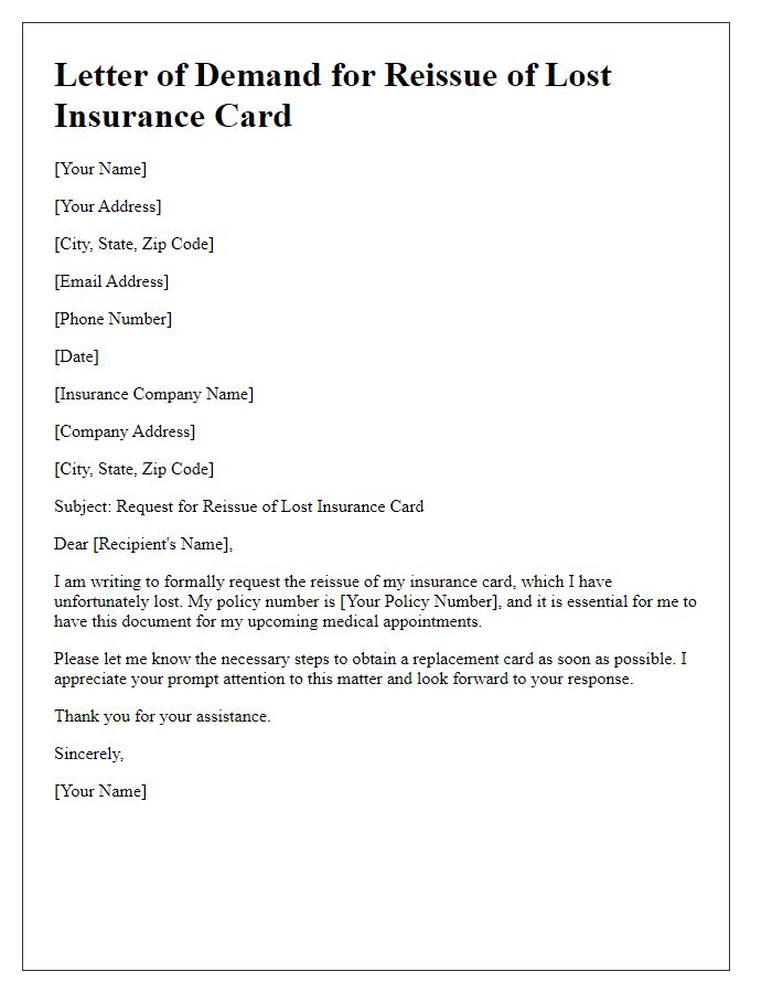 Letter template of demand for reissue of lost insurance card