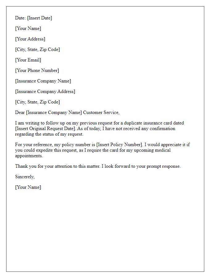 Letter template of follow-up request for duplicate insurance card