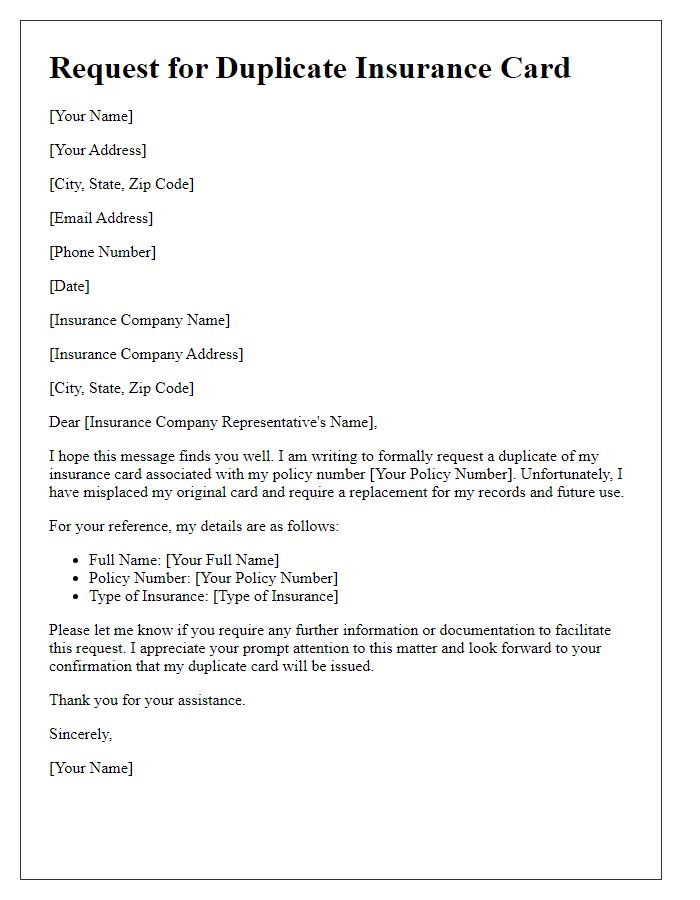 Letter template of formal request for duplicate insurance card