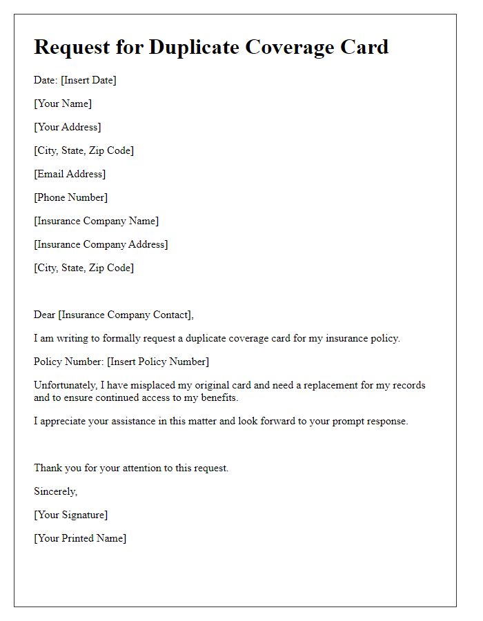 Letter template of submission for duplicate coverage card