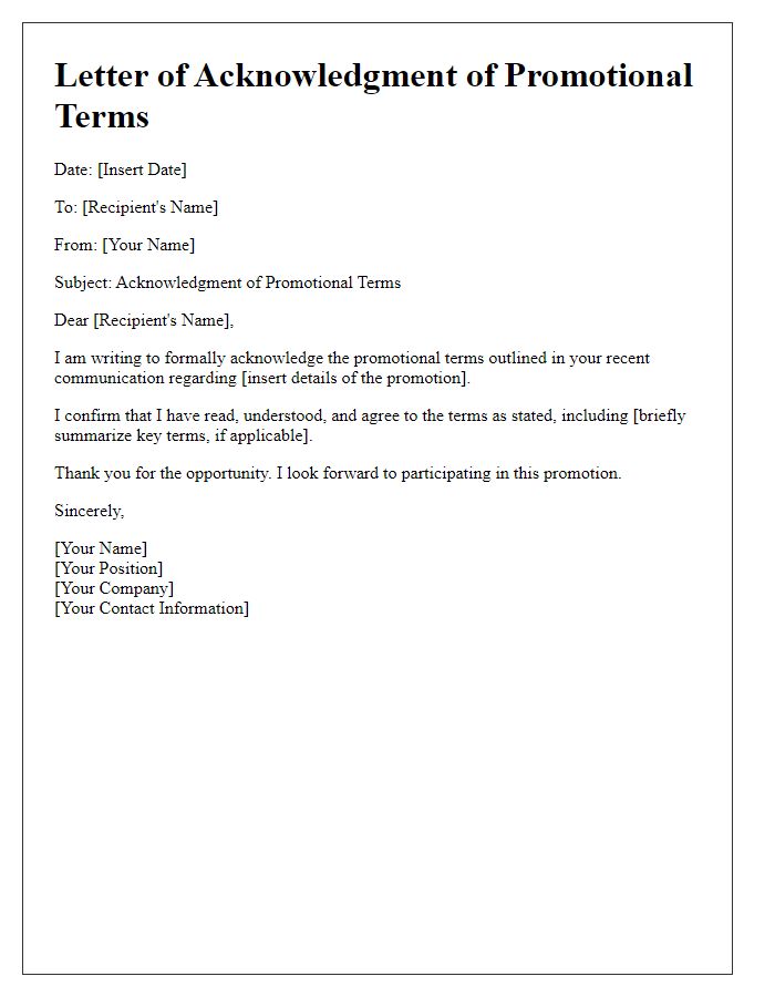 Letter template of Acknowledgment of Promotional Terms