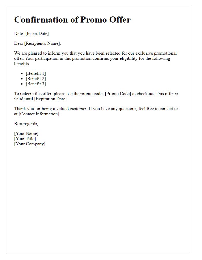 Letter template of Confirmation of Promo Offer