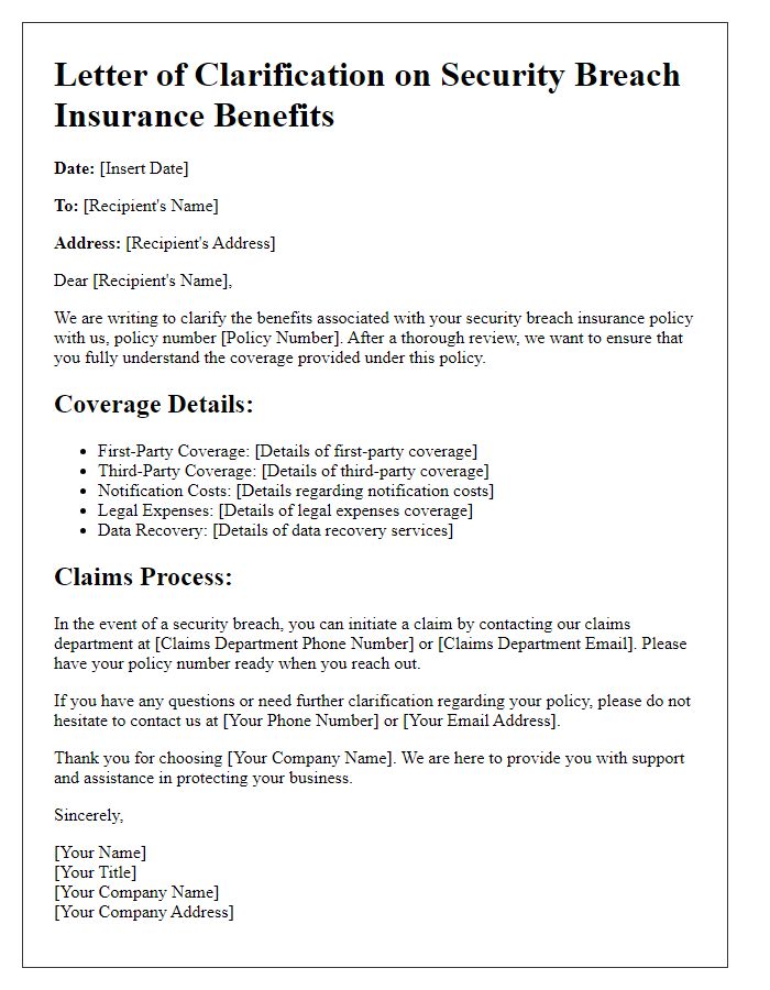 Letter template of security breach insurance benefits clarification