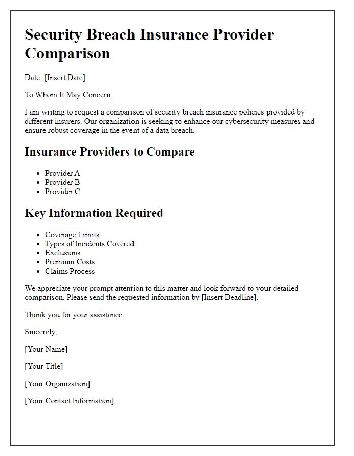 Letter template of security breach insurance provider comparison