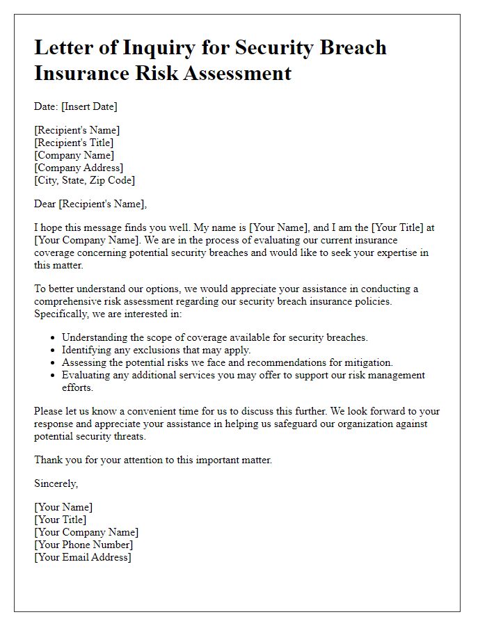 Letter template of security breach insurance risk assessment inquiry