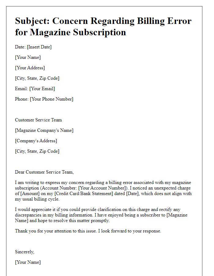 Letter template of concern about magazine subscription billing error